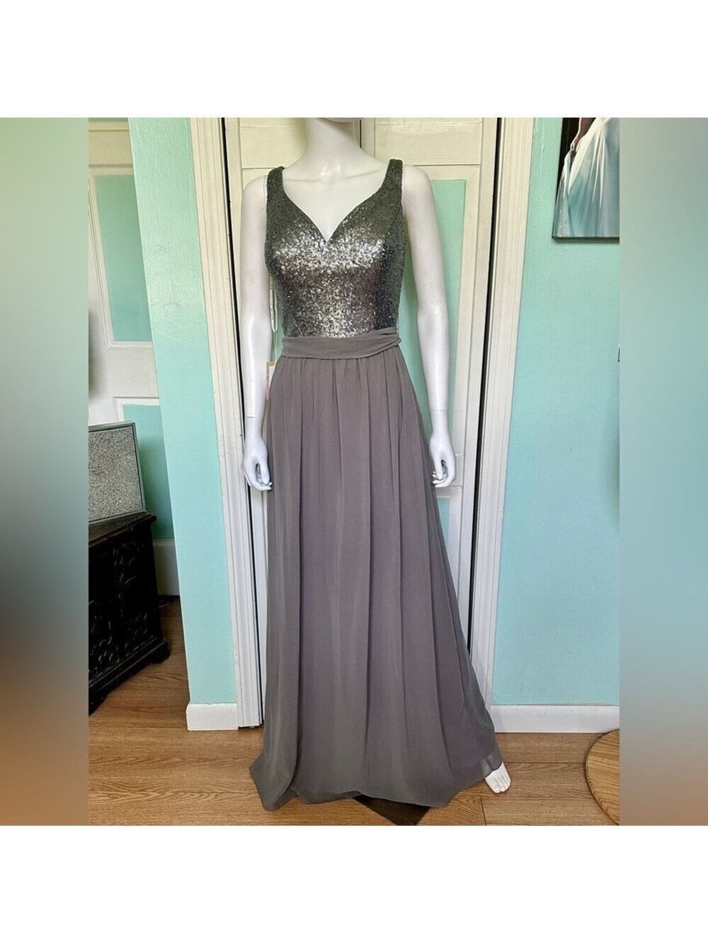 Size 10 12 Sequin Chiffon Floor Length Charcoal Bridesmaid mothers dress gown
